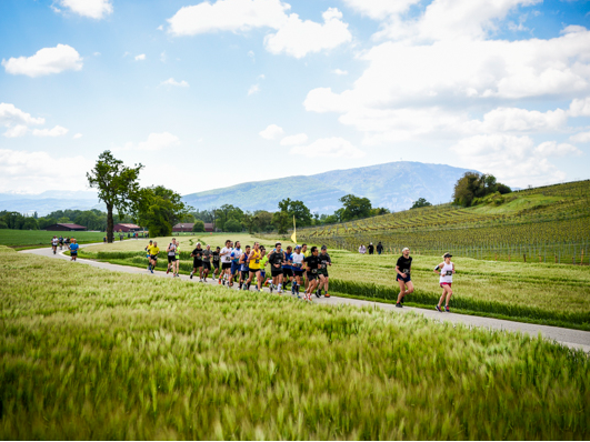 Läuferinenn und Läufer laufen über ein Feld beim Harmony Geneve Marathon for Unicef